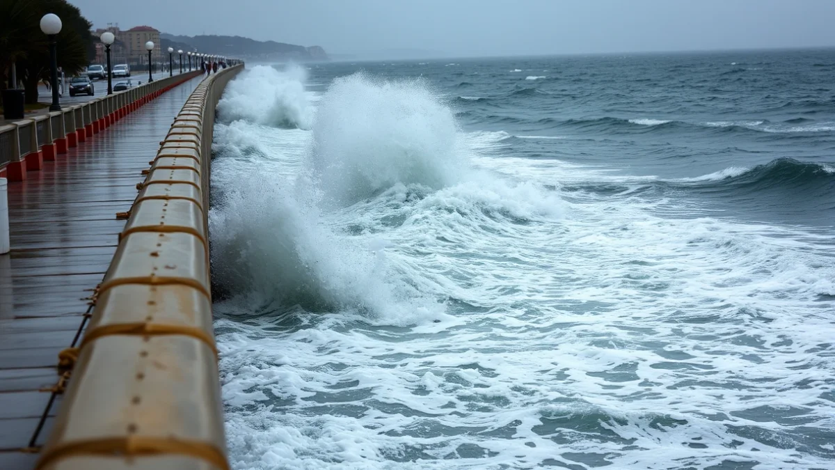 Imatge genèrica d'un passeig marítim amb onades fortes trencant a la costa, simbolitzant el risc de vent i mala mar.