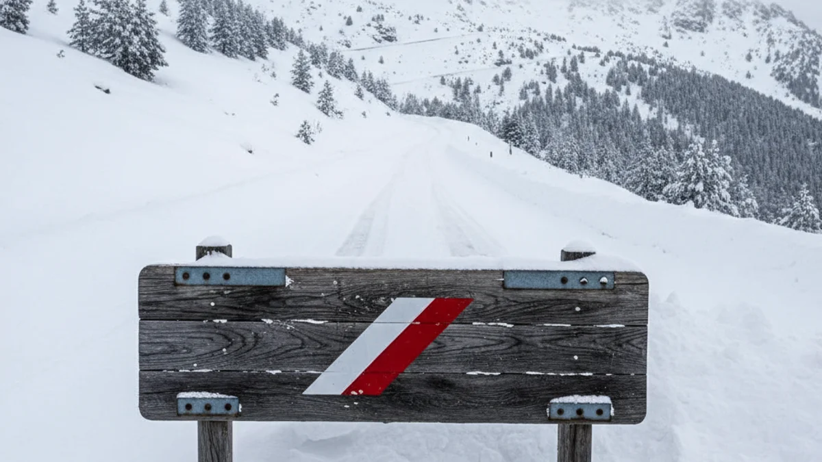 Imatge genèrica de neu acumulada a la muntanya amb senyals de trànsit afectats per les restriccions viàries.