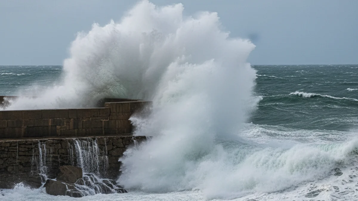 Imatge genèrica d'un temporal marítim amb onades trencant contra la costa o un dic, sense persones visibles.