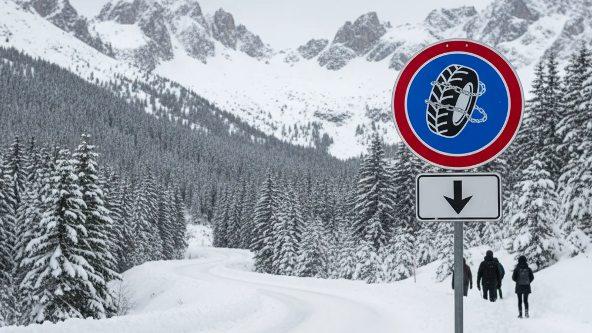 Senyal de trànsit amb cadenes obligatòries en una carretera de muntanya nevada.