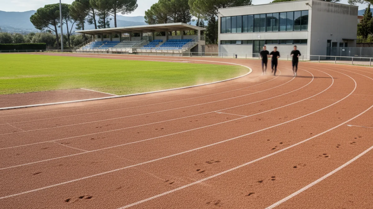 Imatge genèrica d'una pista d'atletisme de sauló recentment acabada, amb figures borroses fent exercici.