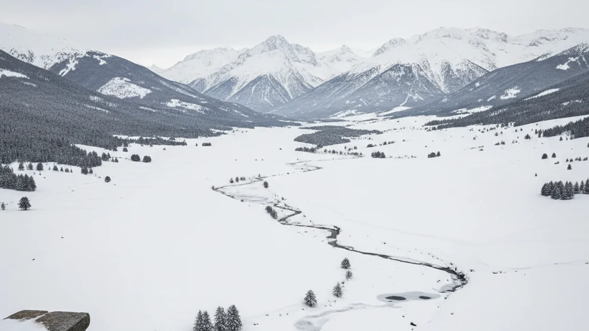 Vista panoràmica d'una vall de muntanya coberta de neu, amb cims nevats destacant sota un cel clar.