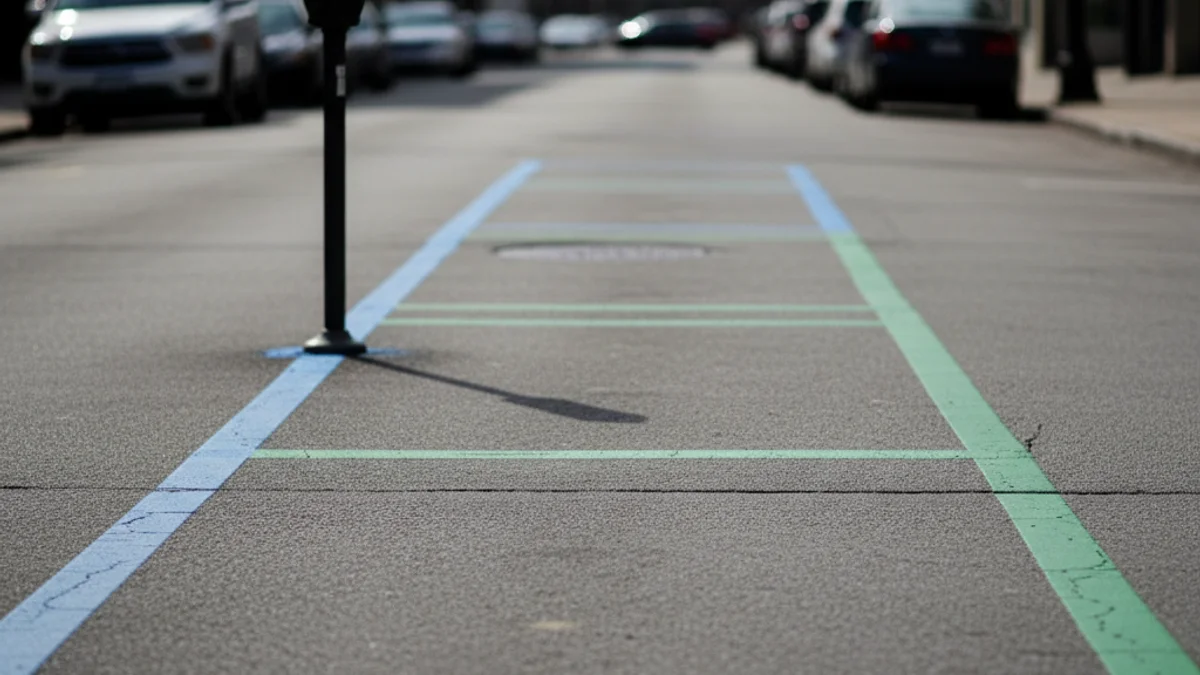 Imatge genèrica d'una zona d'aparcament regulat amb senyalització de zona blava o verda en un entorn urbà.