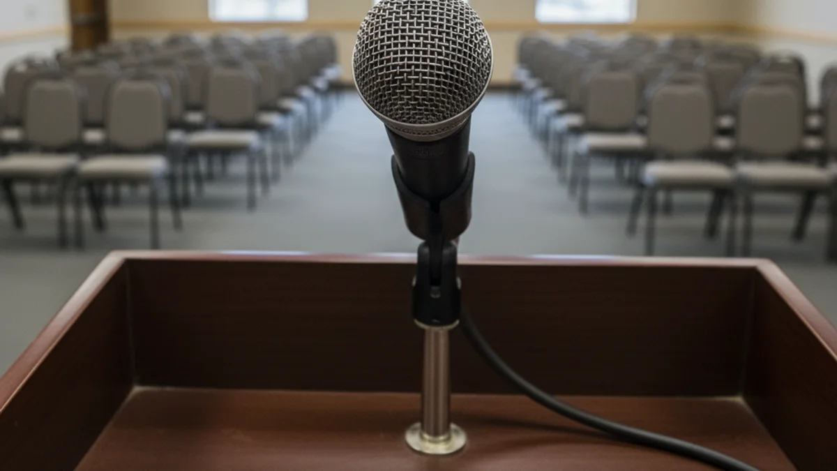 Una silueta d'un empresari parlant en un podi buit, simbolitzant la influència política en el sector econòmic.