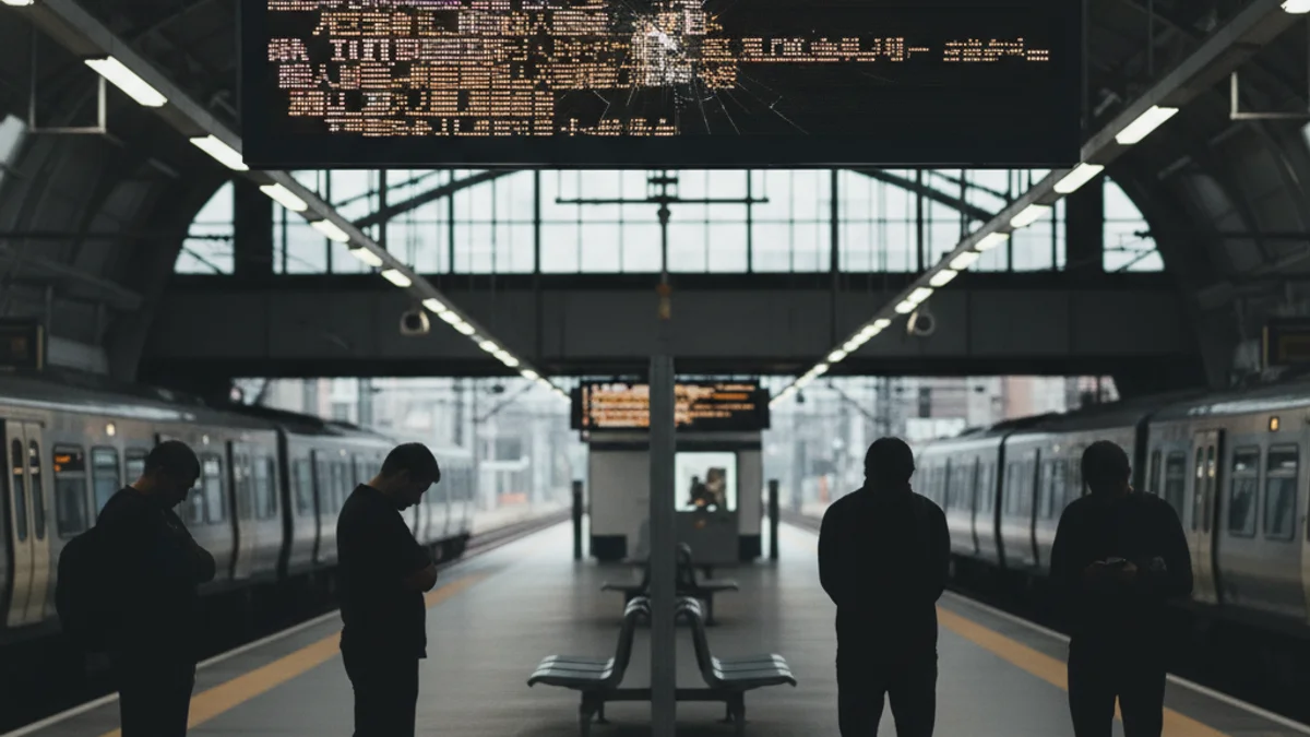 Imatge genèrica de l'andana d'una estació de tren amb pantalles d'horaris confuses i figures borroses de passatgers.