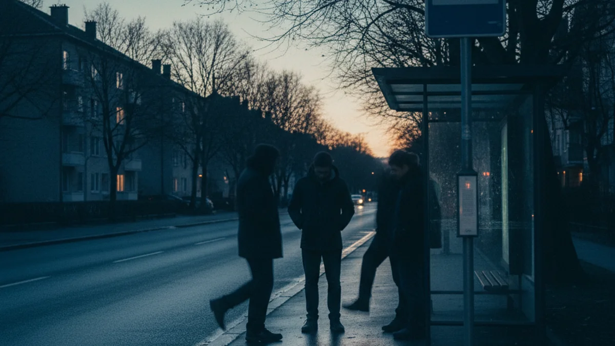 Una silueta de persones esperant en una parada d'autobús buida en un entorn urbà al vespre.