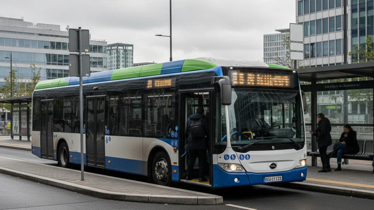 Imatge genèrica d'un autobús modern en una estació, amb figures borroses de passatgers esperant.