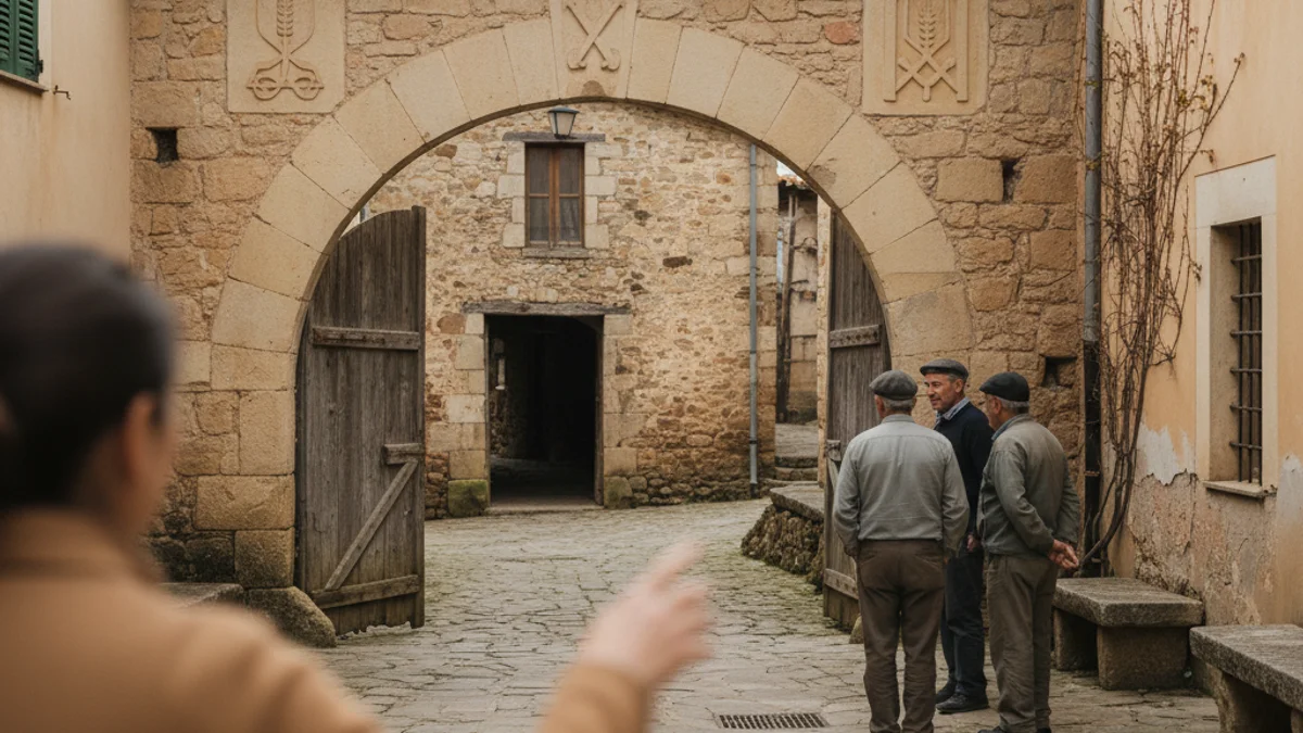 Imatge genèrica d'un poble petit de muntanya, amb una silueta d'un presentador de televisió parlant amb veïns.