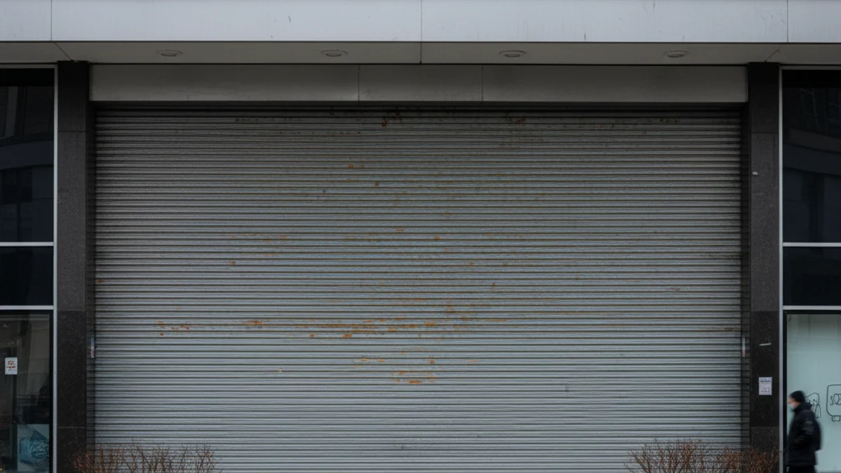 Entrada d'un centre comercial amb les persianes abaixades durant un dia festiu.