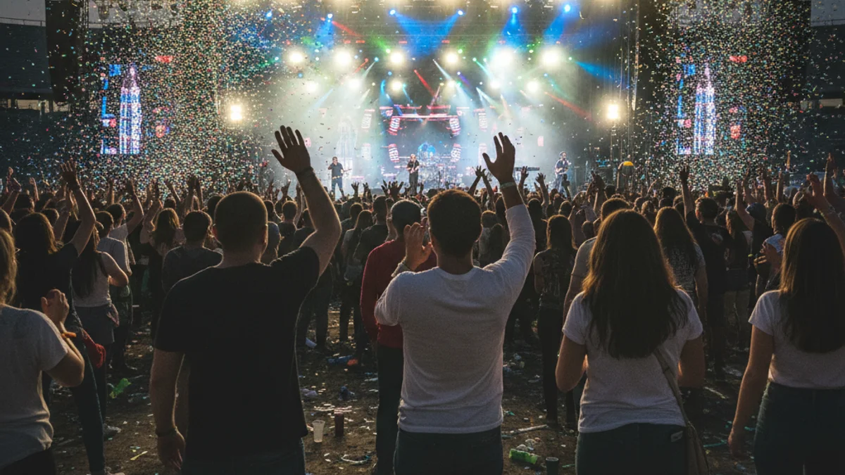 Una multitud assistint a un gran concert en un estadi o recinte tancat, amb les llums de l'escenari al fons.