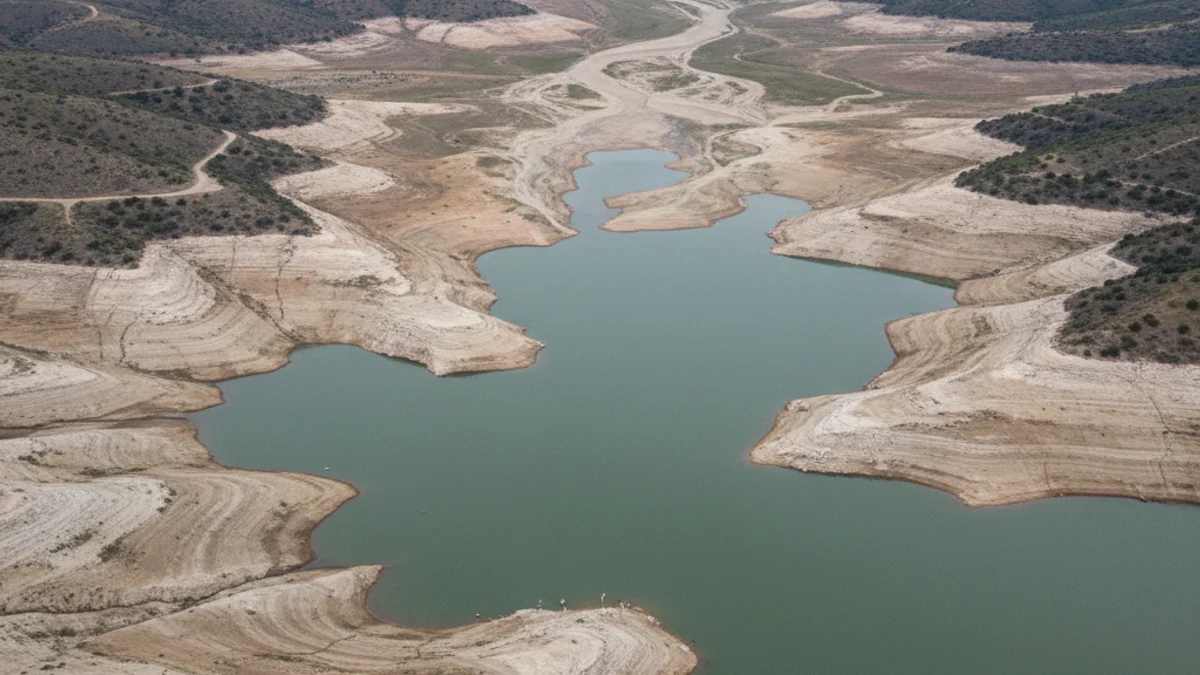 Vista aèria d'un embassament amb nivells d'aigua baixos, mostrant la terra seca a les vores.