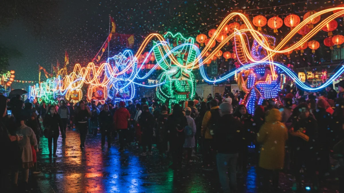 Imatge genèrica d'una desfilada festiva nocturna amb multituds i llums de colors.