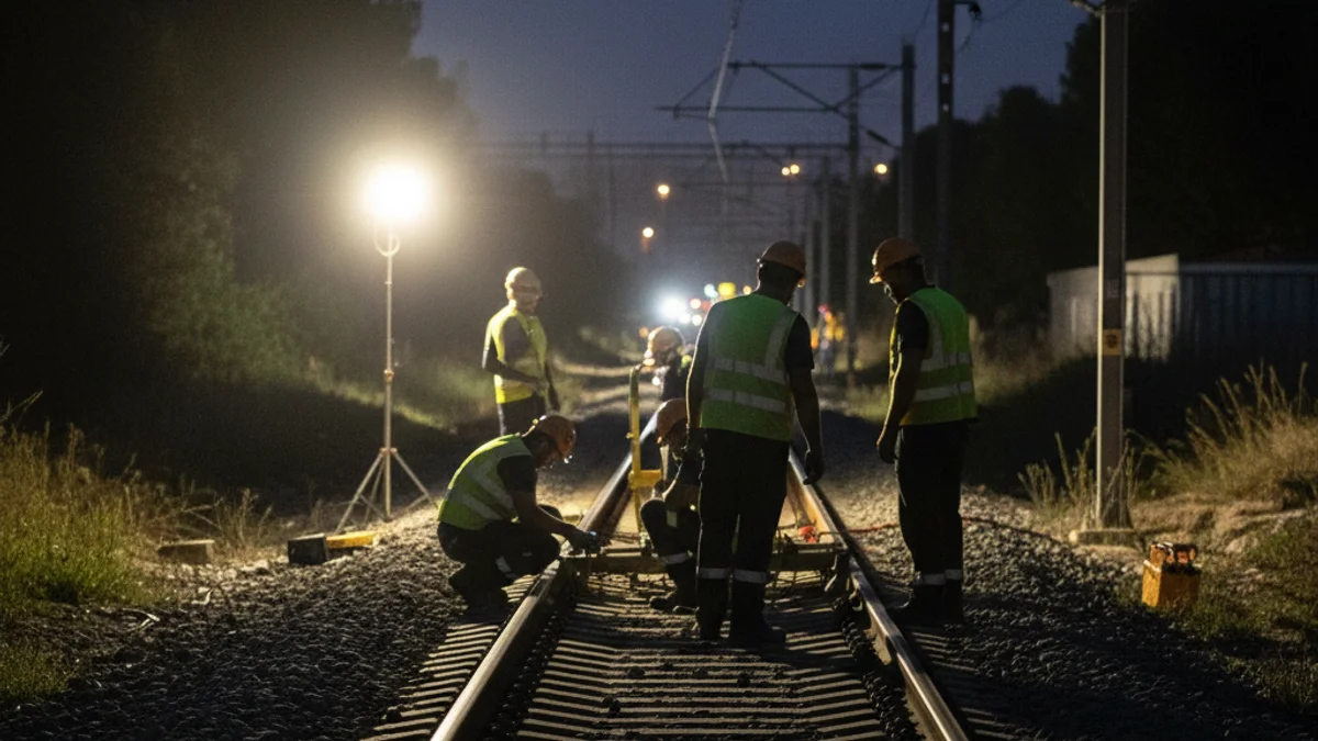 Imatge genèrica d'una via de tren de Rodalies amb figures borroses de treballadors inspeccionant la infraestructura.
