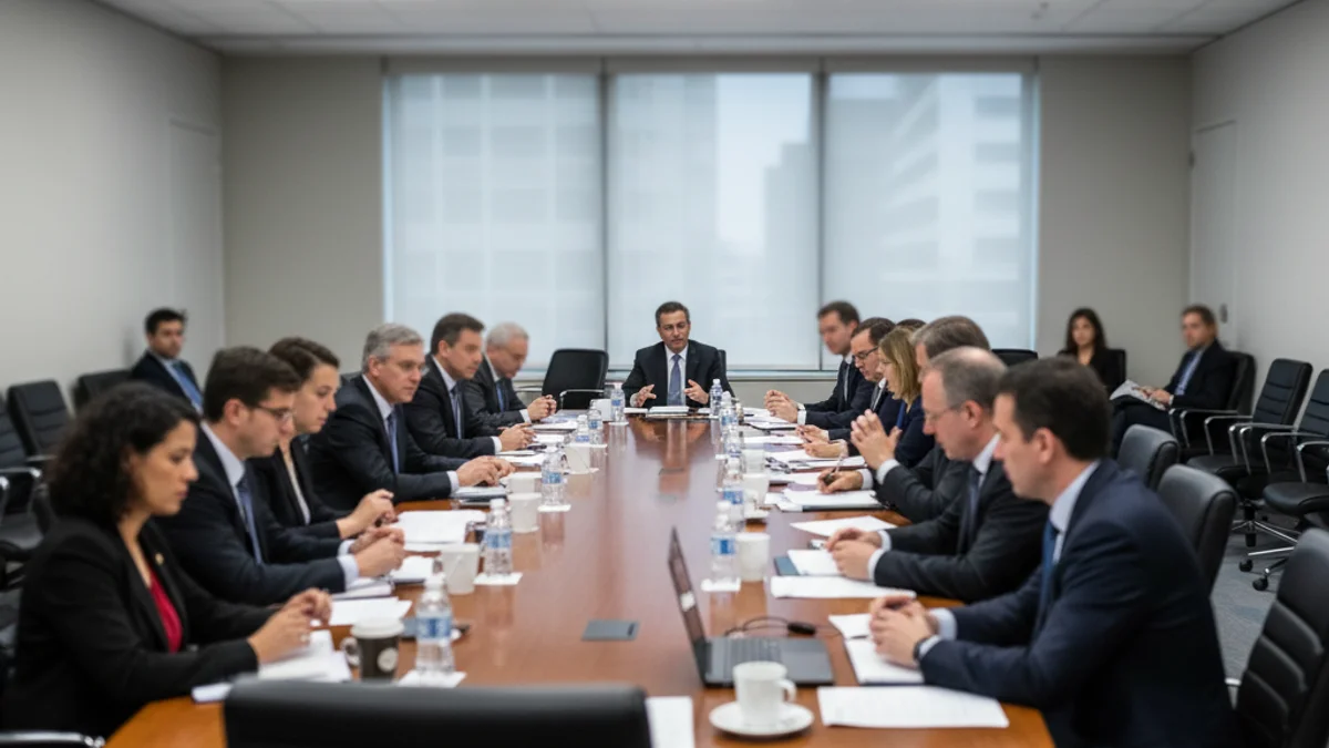 Imatge genèrica d'una reunió d'un comitè executiu local, amb figures borroses al voltant d'una taula.