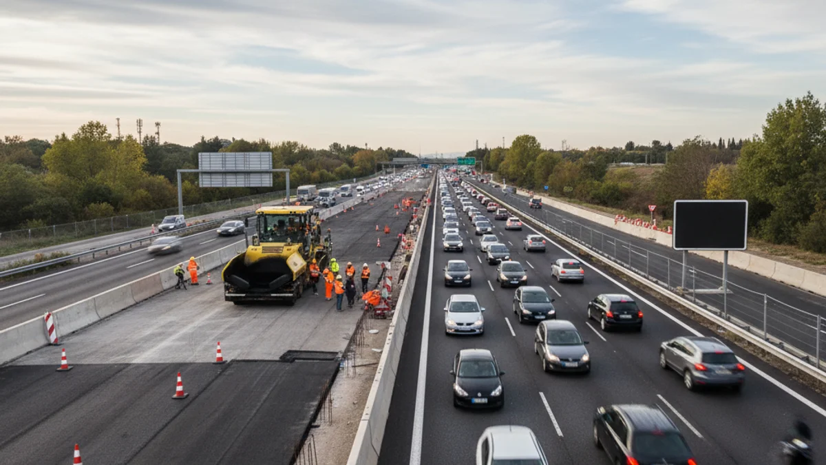 Vista d'un carril d'una autopista reobert al trànsit, amb cons i barreres que delimiten la zona de treball propera a les vies del tren.