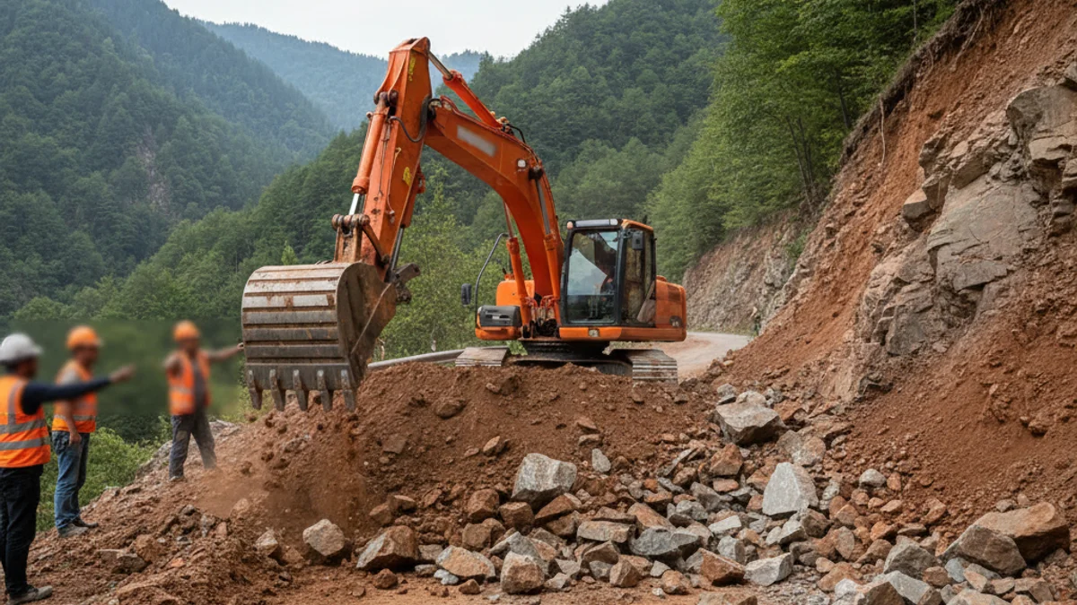 Maquinària pesant retirant terra i roques d'una carretera de muntanya després d'una esllavissada.