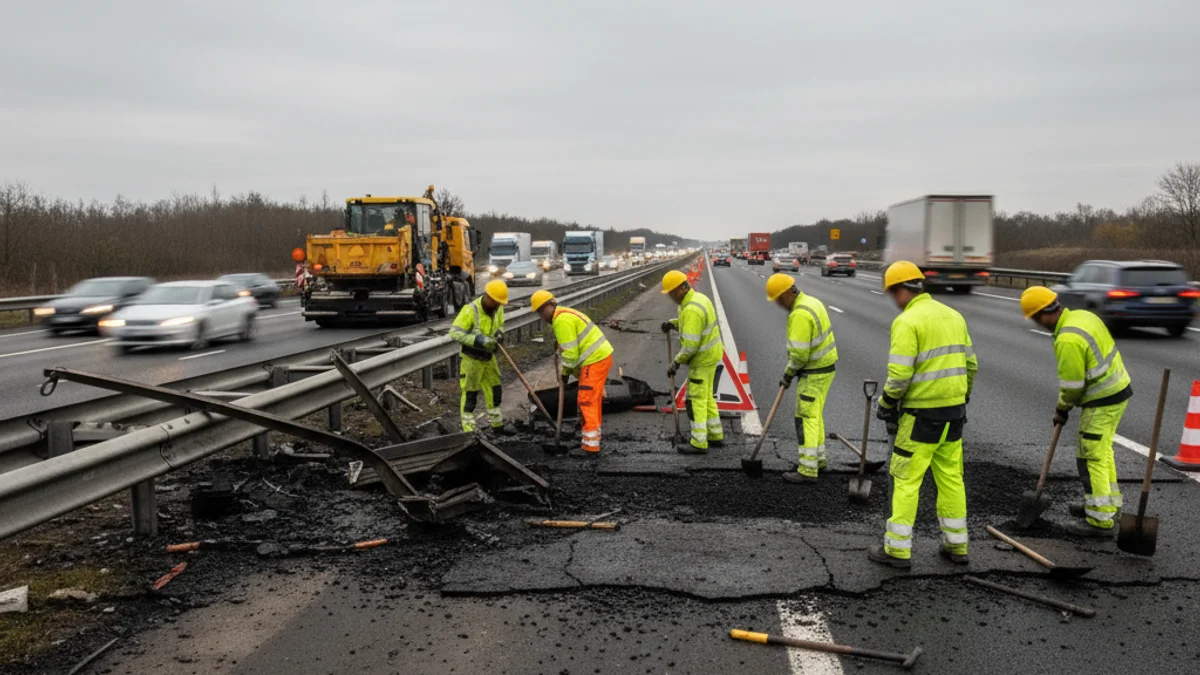 Imatge genèrica d'una carretera amb operaris treballant en la reparació de l'asfalt després d'un tall de trànsit.