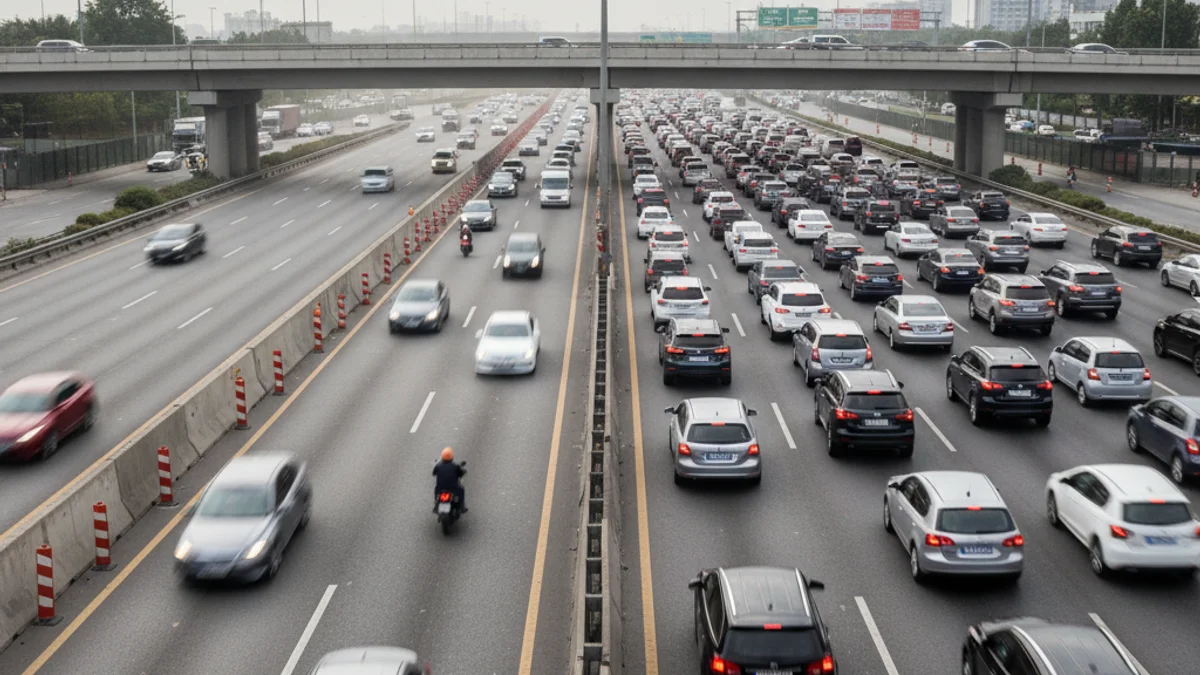 Vista aèria d'una autopista amb trànsit dens i obres de reparació en un dels sentits de la marxa.