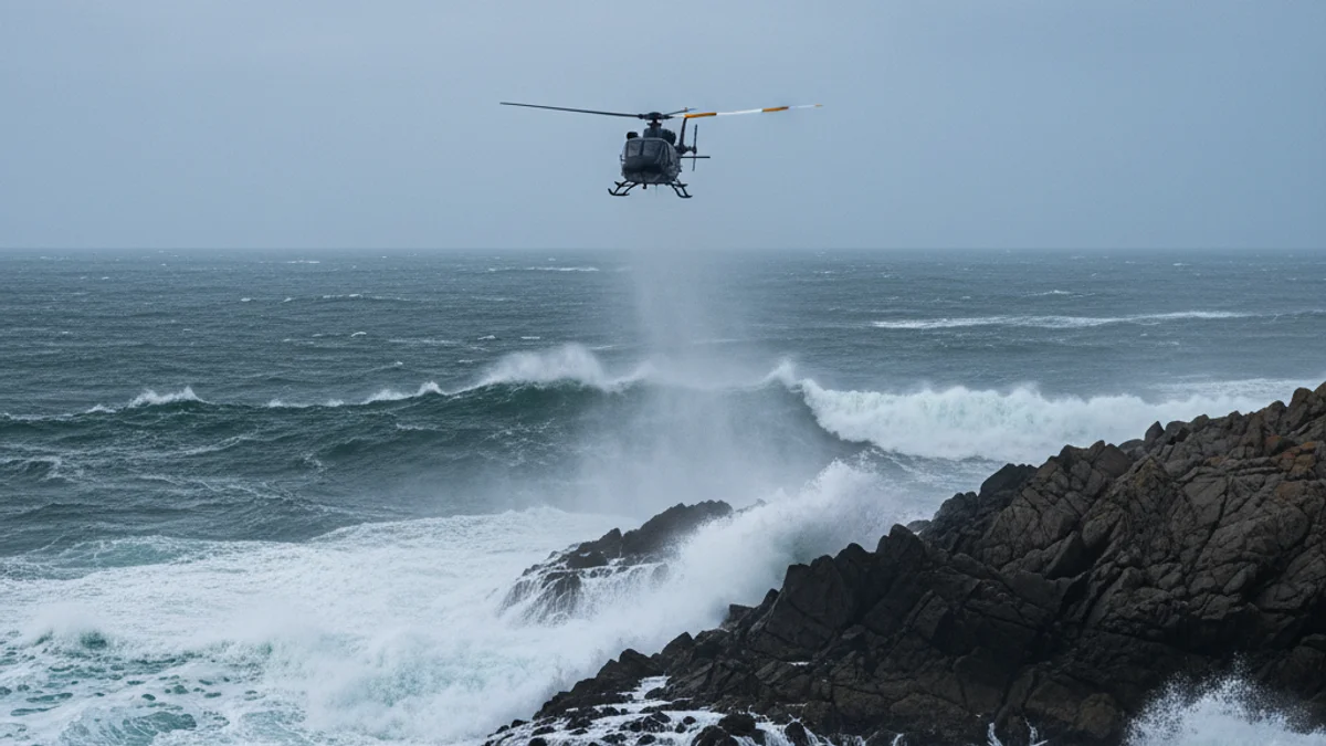 Imatge genèrica d'un helicòpter de rescat sobrevolant un mar agitat amb onades intenses prop de la costa.