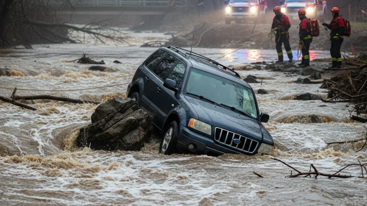 Imatge genèrica d'un vehicle atrapat en una riera o zona inundada durant un episodi de pluges.