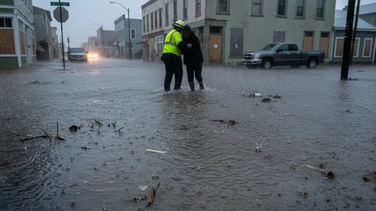 Imatge genèrica d'una zona inundada o d'un carrer amb vehicles d'emergència en un dia de pluja intensa.