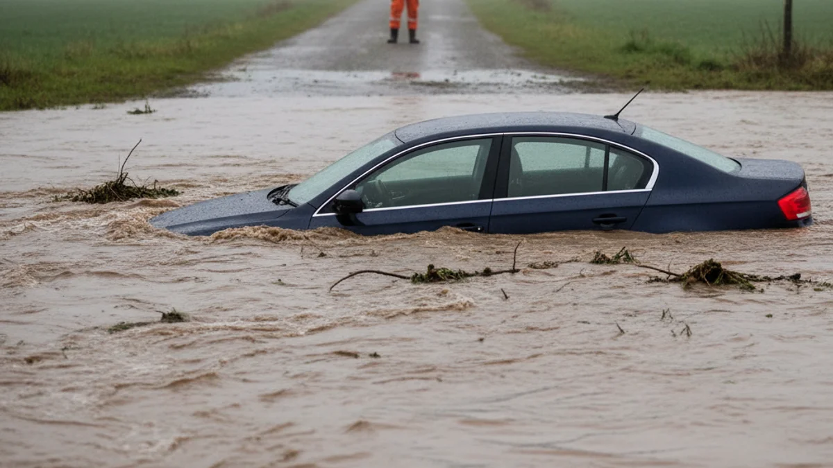 Imatge genèrica d'un vehicle atrapat en un gual inundat, amb aigua fangosa al voltant.