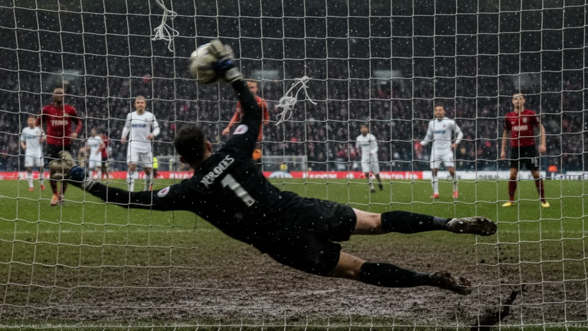 Imatge genèrica d'un porter de futbol fent una aturada decisiva durant un partit tens.