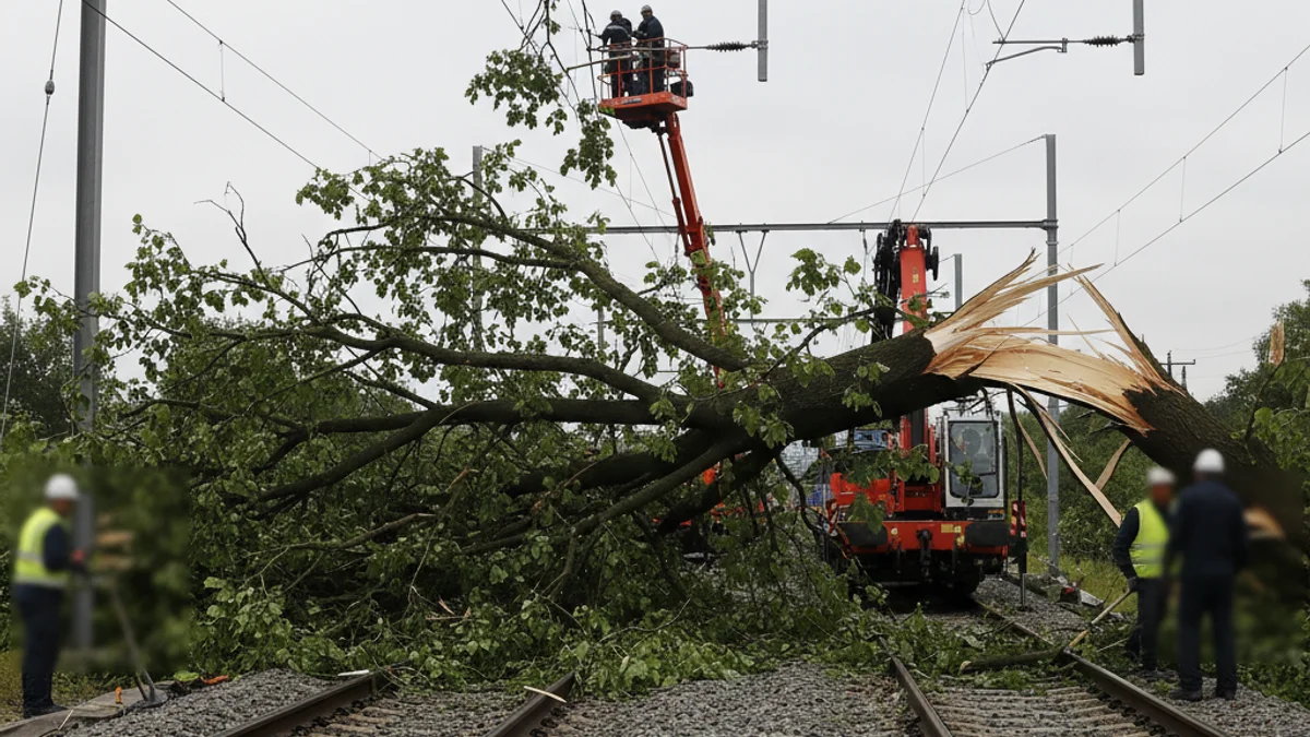 Imatge genèrica d'una via de tren amb personal de manteniment treballant per retirar un obstacle.
