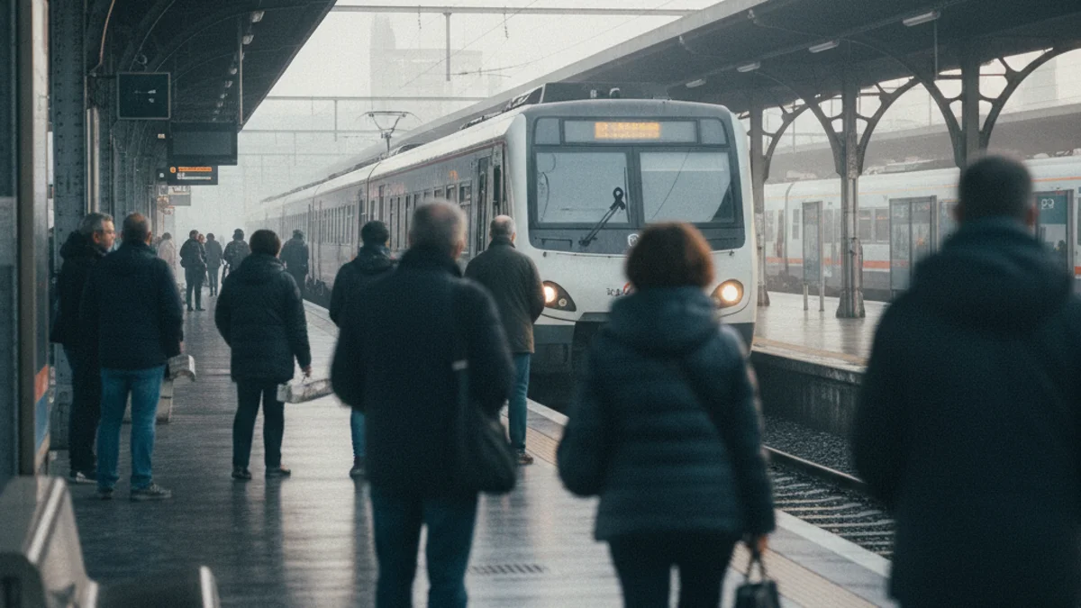 Imatge genèrica d'usuaris esperant en una andana de l'estació de tren de Lleida amb retards.
