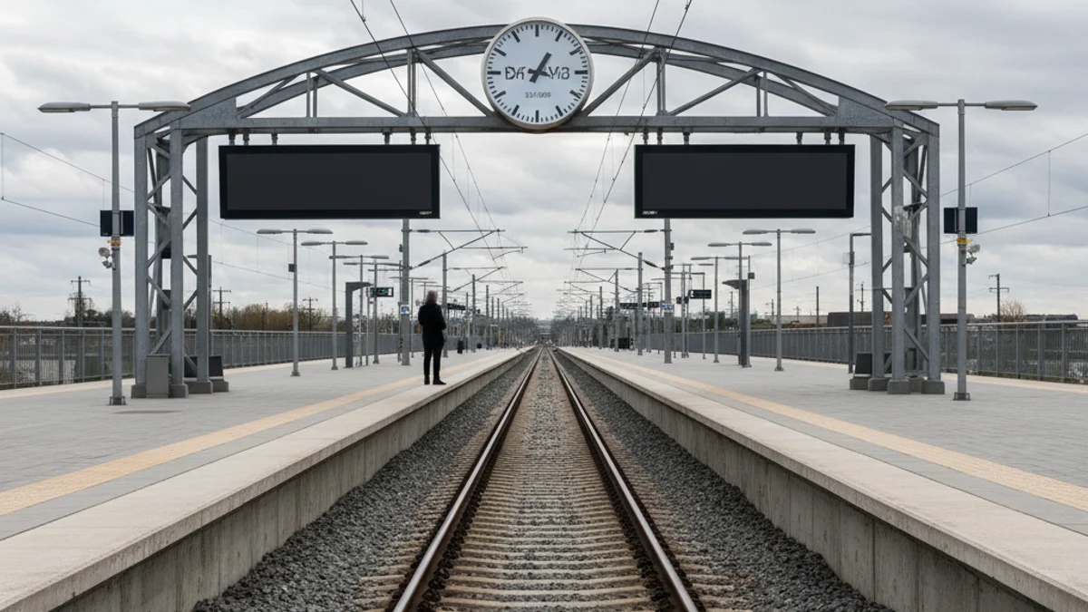 Imatge genèrica de vies de tren d'alta velocitat amb un senyal de restricció de velocitat.