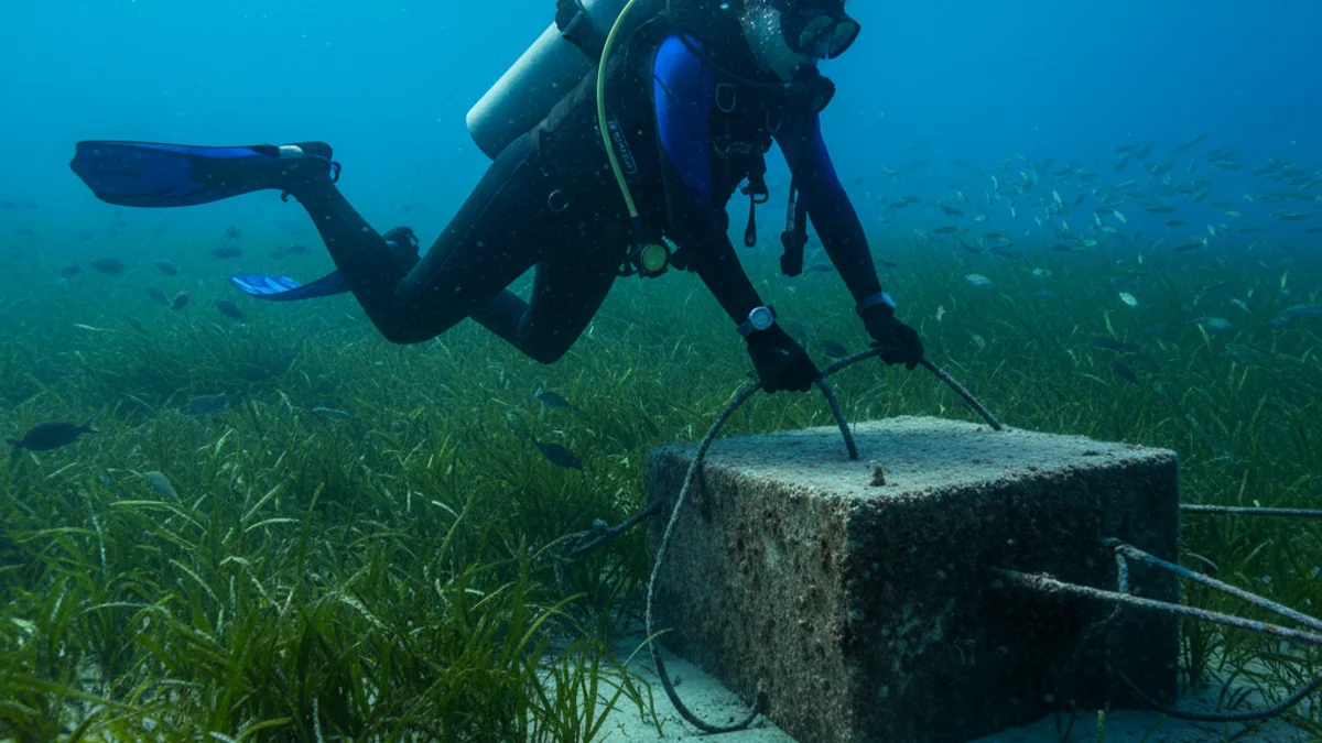 Imatge subaquàtica d'un bussejador retirant un gran bloc de formigó del fons marí prop d'una praderia de posidònia.