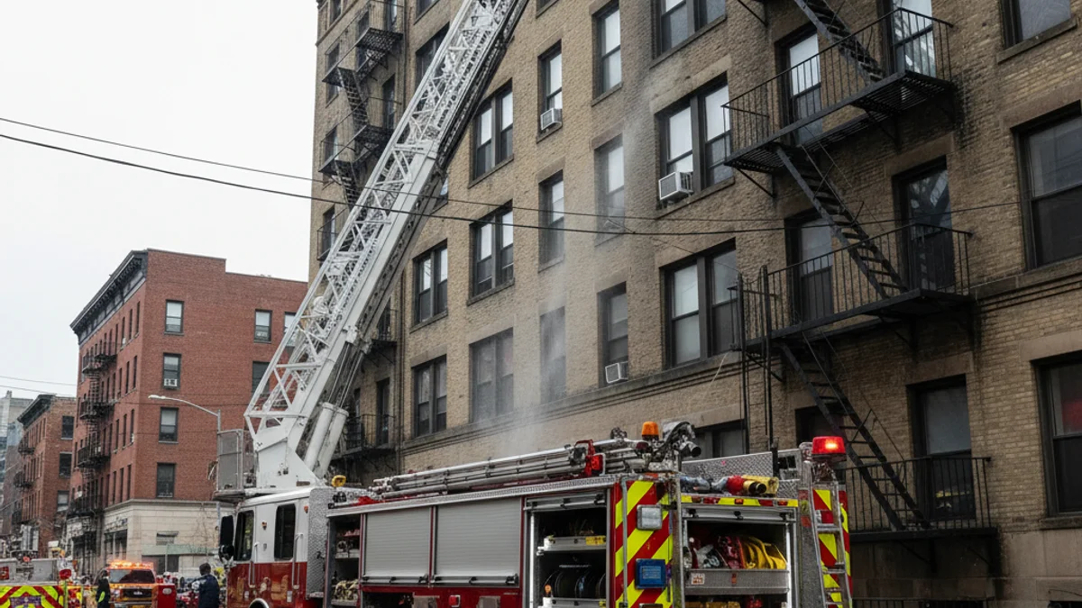Imatge genèrica d'un camió de bombers amb l'autoescala desplegada en una zona urbana per una intervenció.