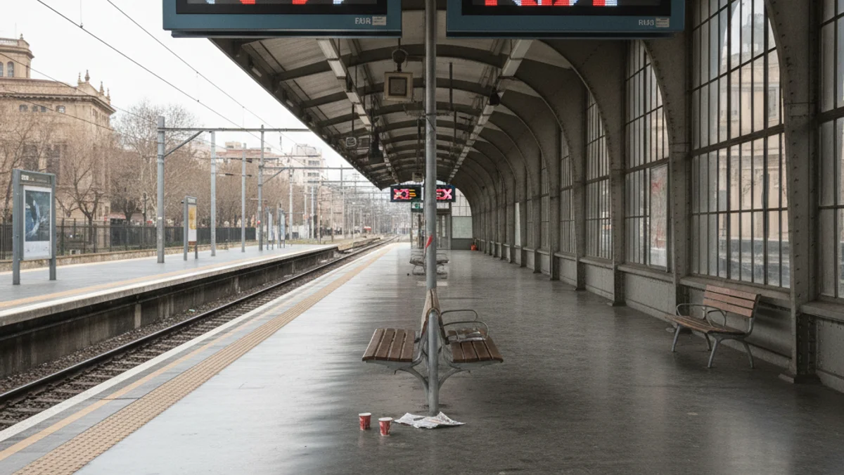 Imatge genèrica d'una estació de tren buida o un panell d'informació amb retards a causa d'una incidència.