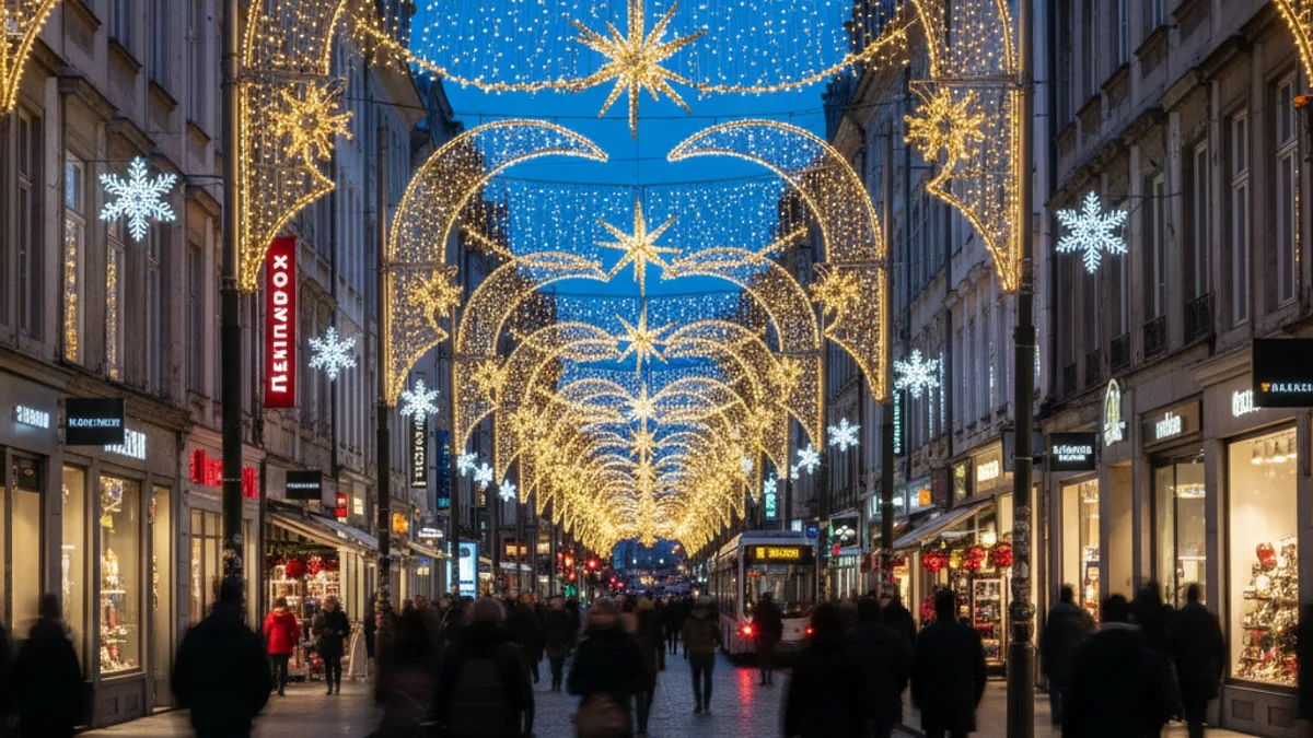 Vista nocturna d'un carrer comercial il·luminat amb decoració nadalenca a una ciutat catalana.