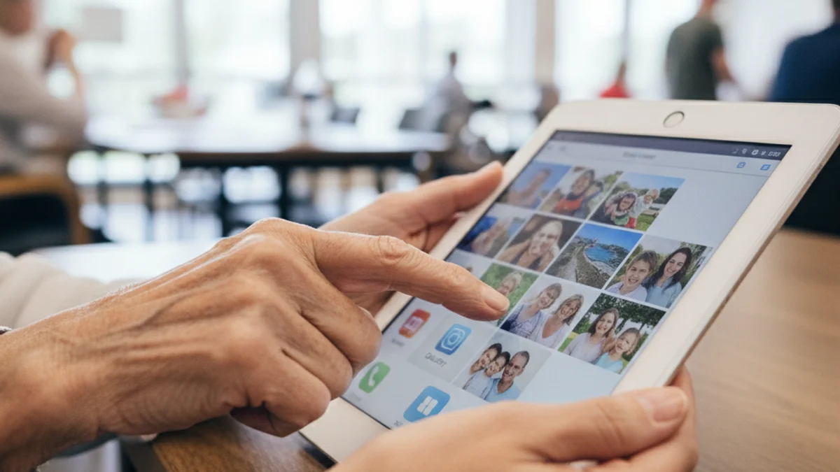 Il·lustració d'una persona gran utilitzant una tauleta digital amb l'ajuda d'un assistent en un centre comunitari.