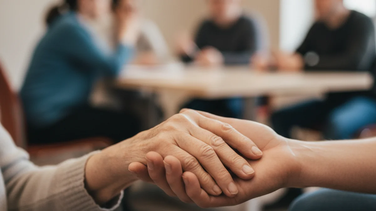 Una silueta d'una persona gran rebent atenció o suport en un entorn comunitari.