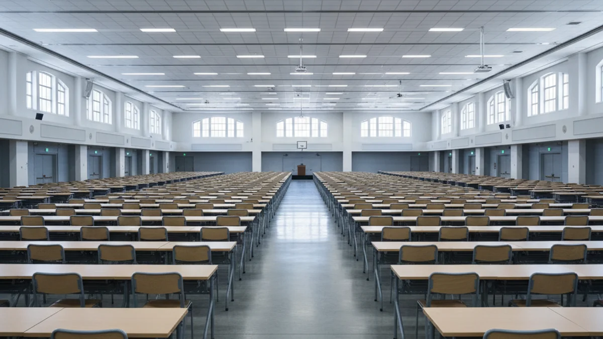 Vista genèrica d'una sala d'exàmens gran amb cadires i taules preparades per a una prova de selecció massiva.