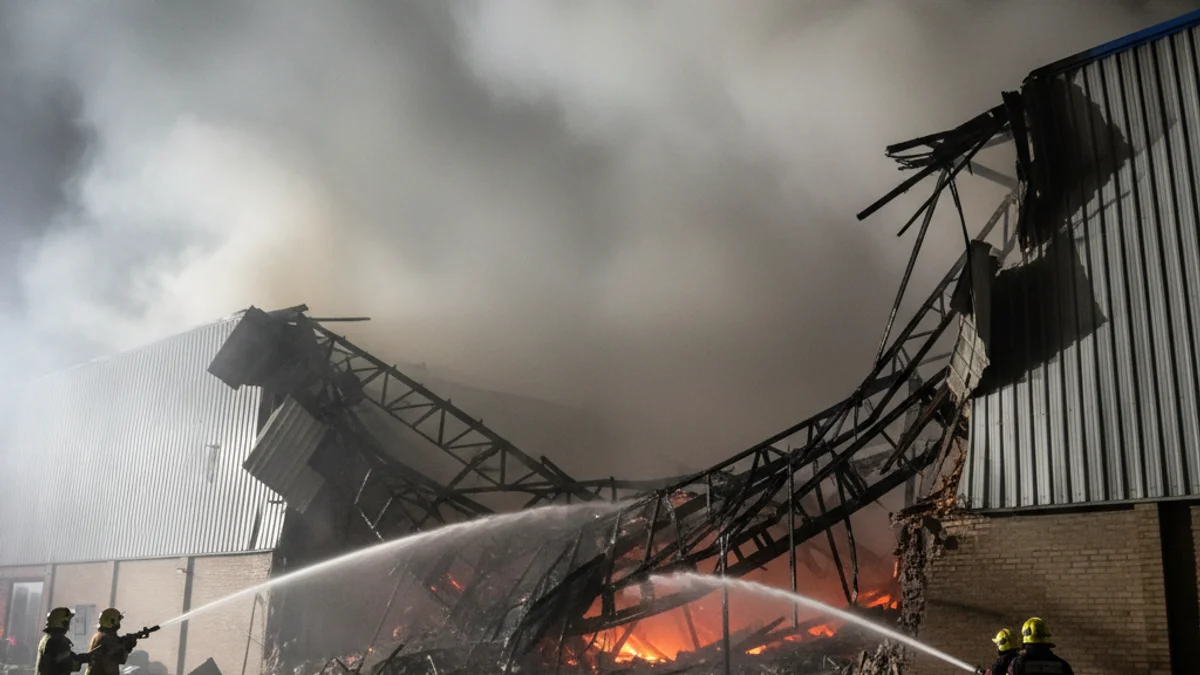 Imatge genèrica de bombers treballant de nit en l'extinció d'un incendi industrial amb gran quantitat de fum.