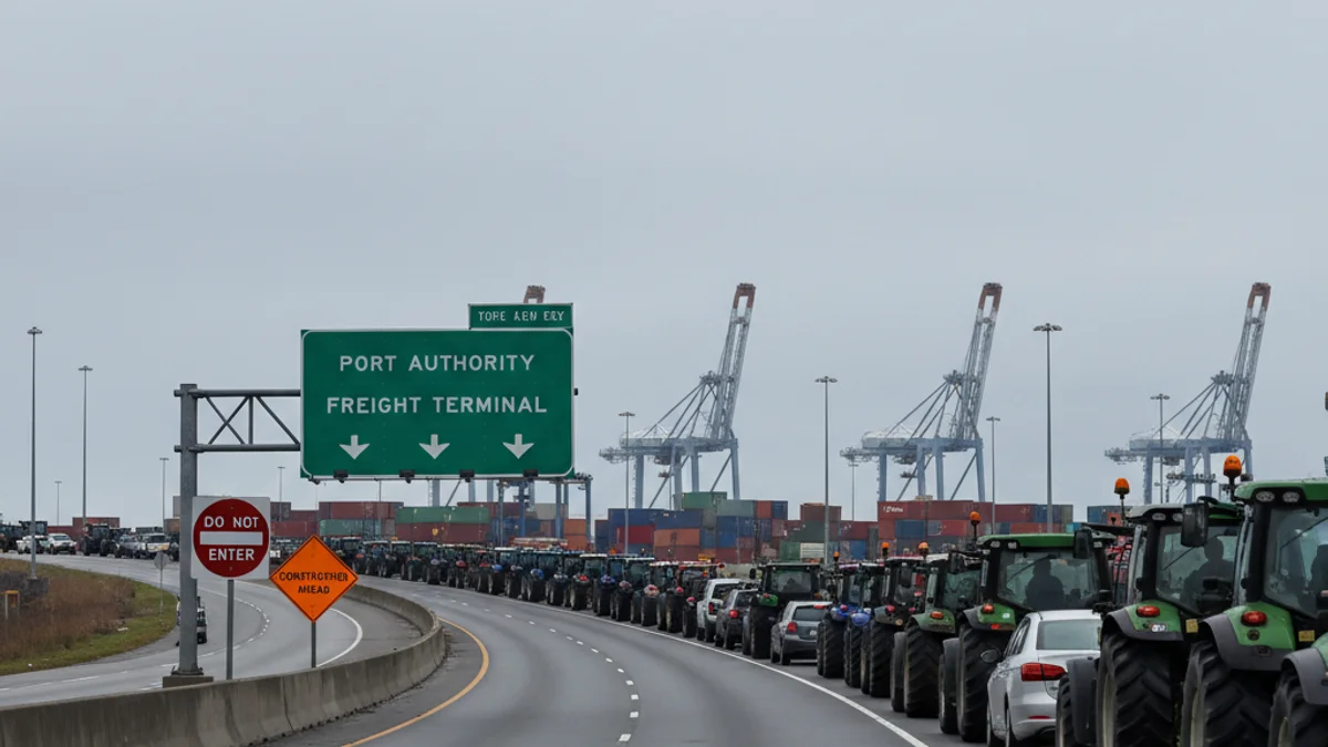 Vista d'una línia de tractors i vehicles agrícoles bloquejant l'accés a una carretera industrial prop d'un port.