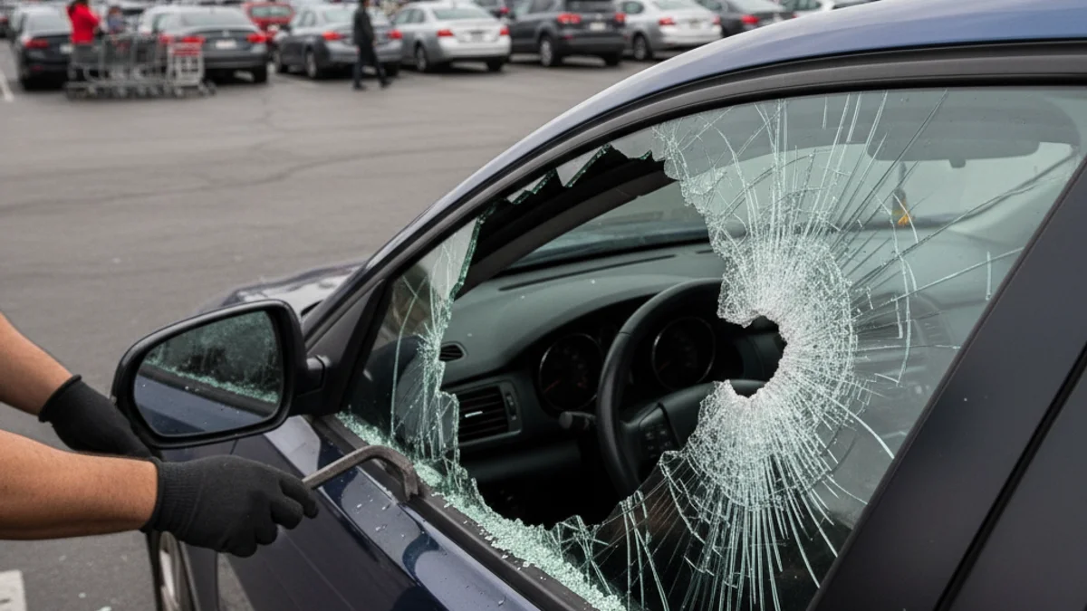 Imatge genèrica d'un aparcament de centre comercial amb un vehicle forçat o un vidre trencat.