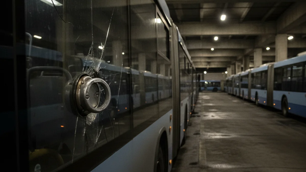 Imatge genèrica d'autobusos estacionats en una estació buida durant la nit, amb focus en un vehicle danyat.