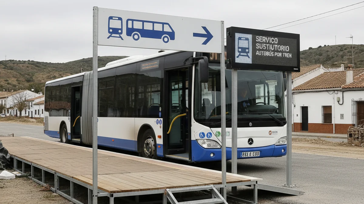 Imatge d'un autobús modern utilitzat com a servei alternatiu per carretera en una estació de tren regional.