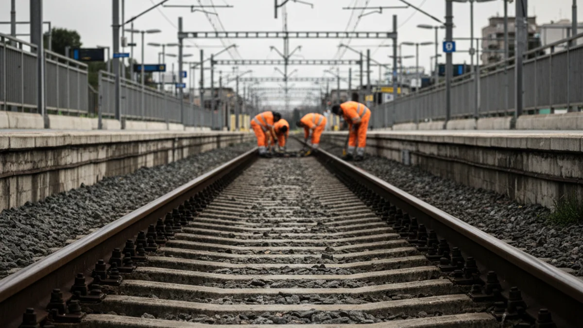 Imatge genèrica d'una estació de tren de Rodalies amb operaris inspeccionant les vies després d'un incident.