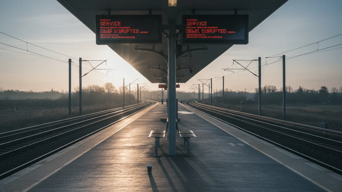 Andana de tren buida amb cartells d'informació de servei a primera hora del matí a causa d'una incidència.