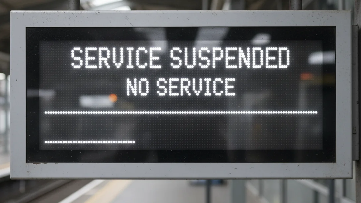 Panell informatiu d'estació de tren que mostra 'Servei suspès' o 'Sense servei'.