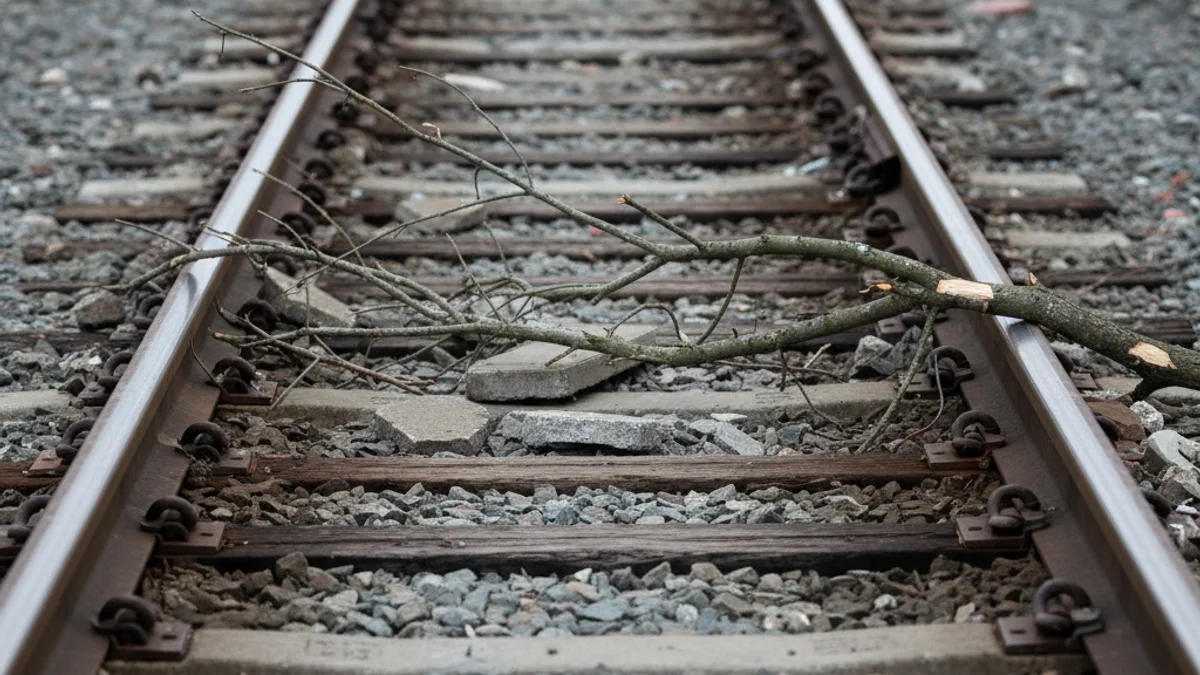Vies de tren amb algunes pedres i branques caigudes, simbolitzant els danys causats pel temporal a la xarxa ferroviària.