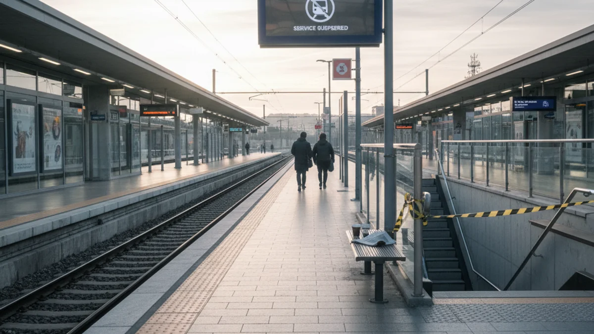 Andana de tren buida a primera hora del matí a Catalunya, amb pantalles que mostren la suspensió del servei.