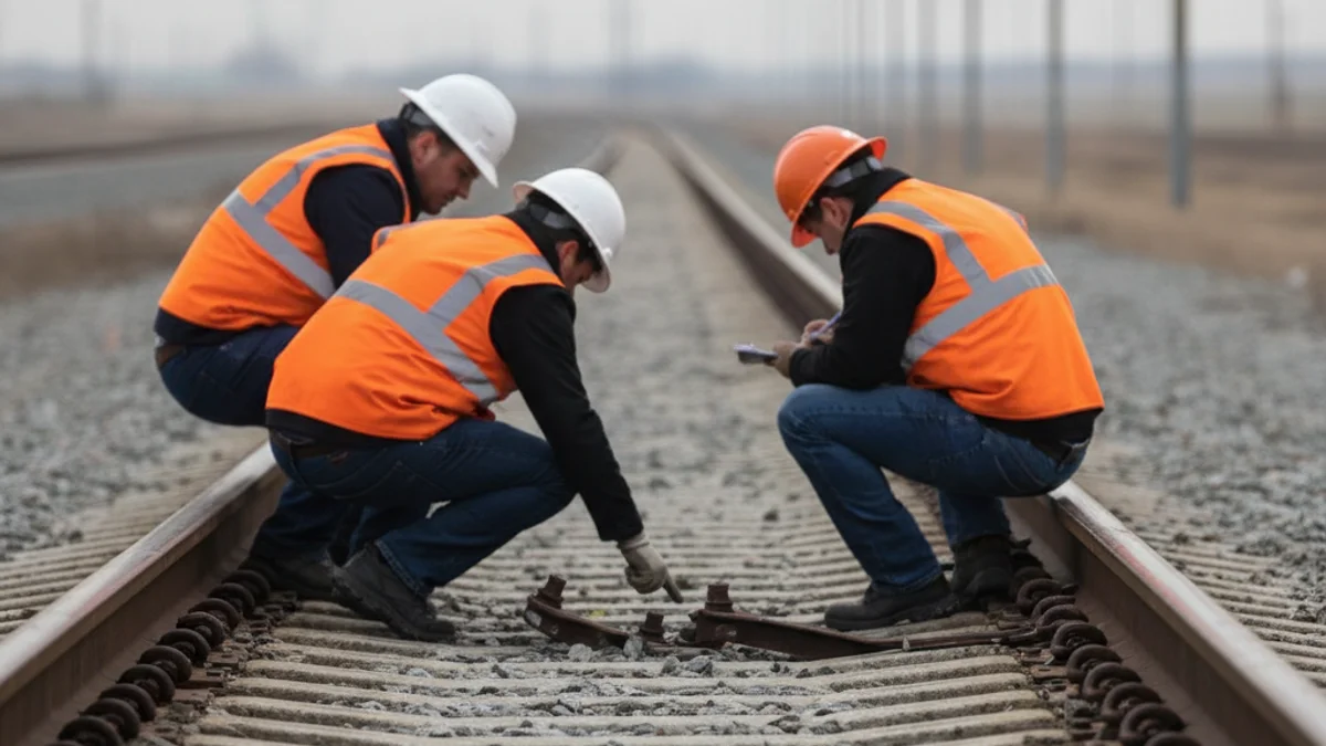 Imatge genèrica de vies de tren buides o d'un equip de treballadors inspeccionant la infraestructura ferroviària.
