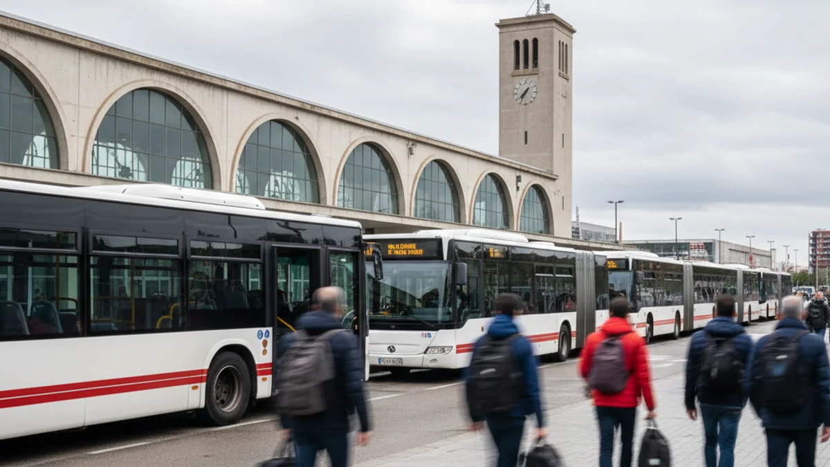 Autobusos de substitució aparcats a l'exterior d'una estació de tren, amb viatgers esperant per embarcar.