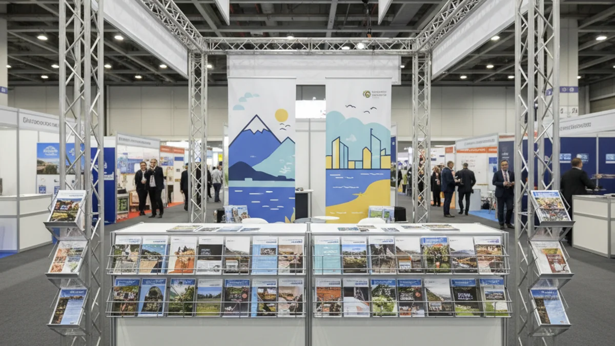 Imatge genèrica d'un estand de promoció turística buit en una fira internacional.